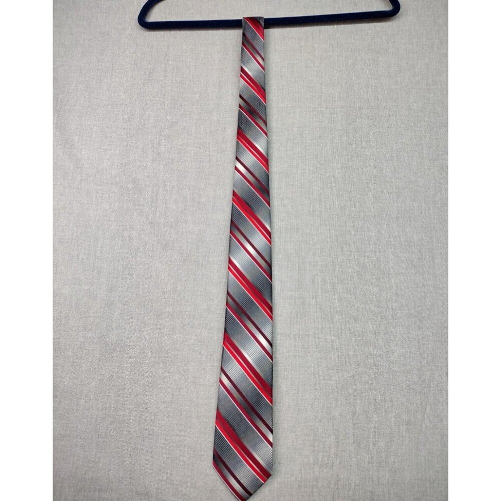 Van Heusen Men's Silk Blend Striped Red Silver Gray Textured Necktie Tie